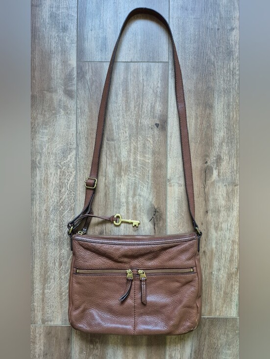 Fossil Handbags - Fossil Elise Classic Pebbled Brown Leather Crossbody Purse with Key Charm